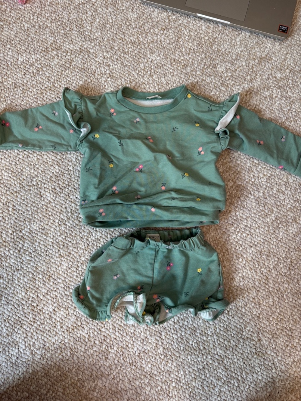 Crewcuts 6-12 month Green Floral Ruffle Top & Shorts Set